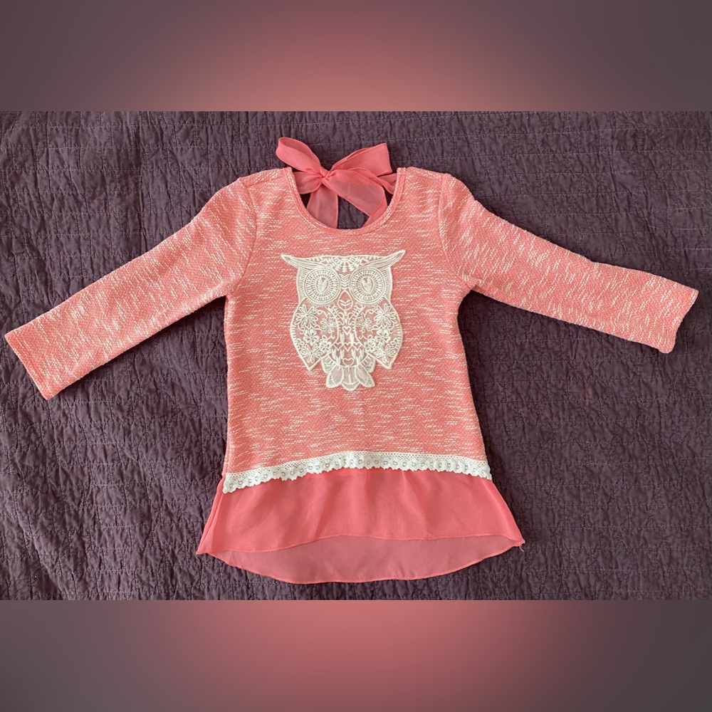 Lily Bleu Pink/white Lace Owl Sweater Size Large (14) EUC